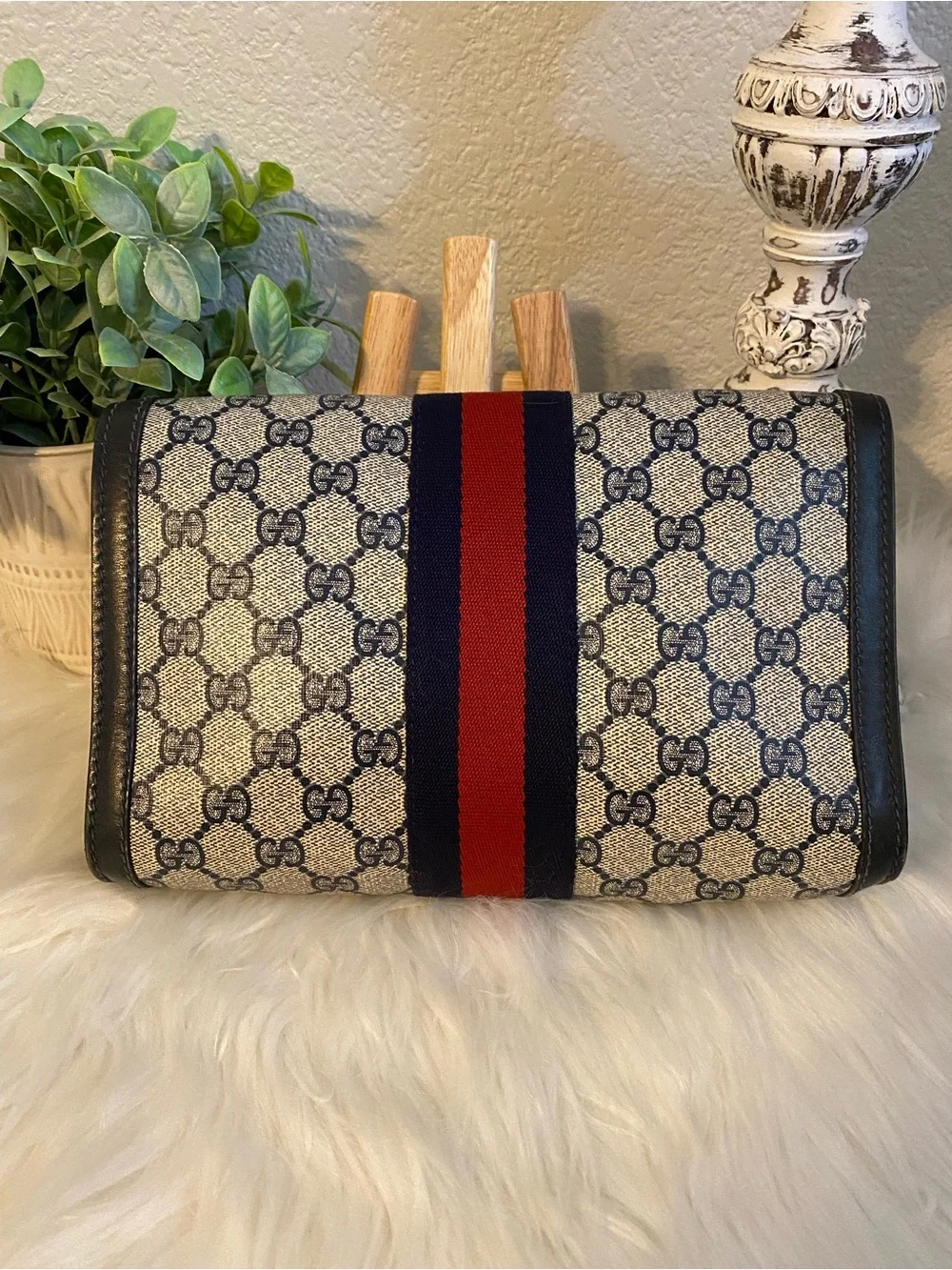 Gucci Parfume Beige/Navy/Red GG Canvas Fold-Over Clutch or Pouch with Web Stripe